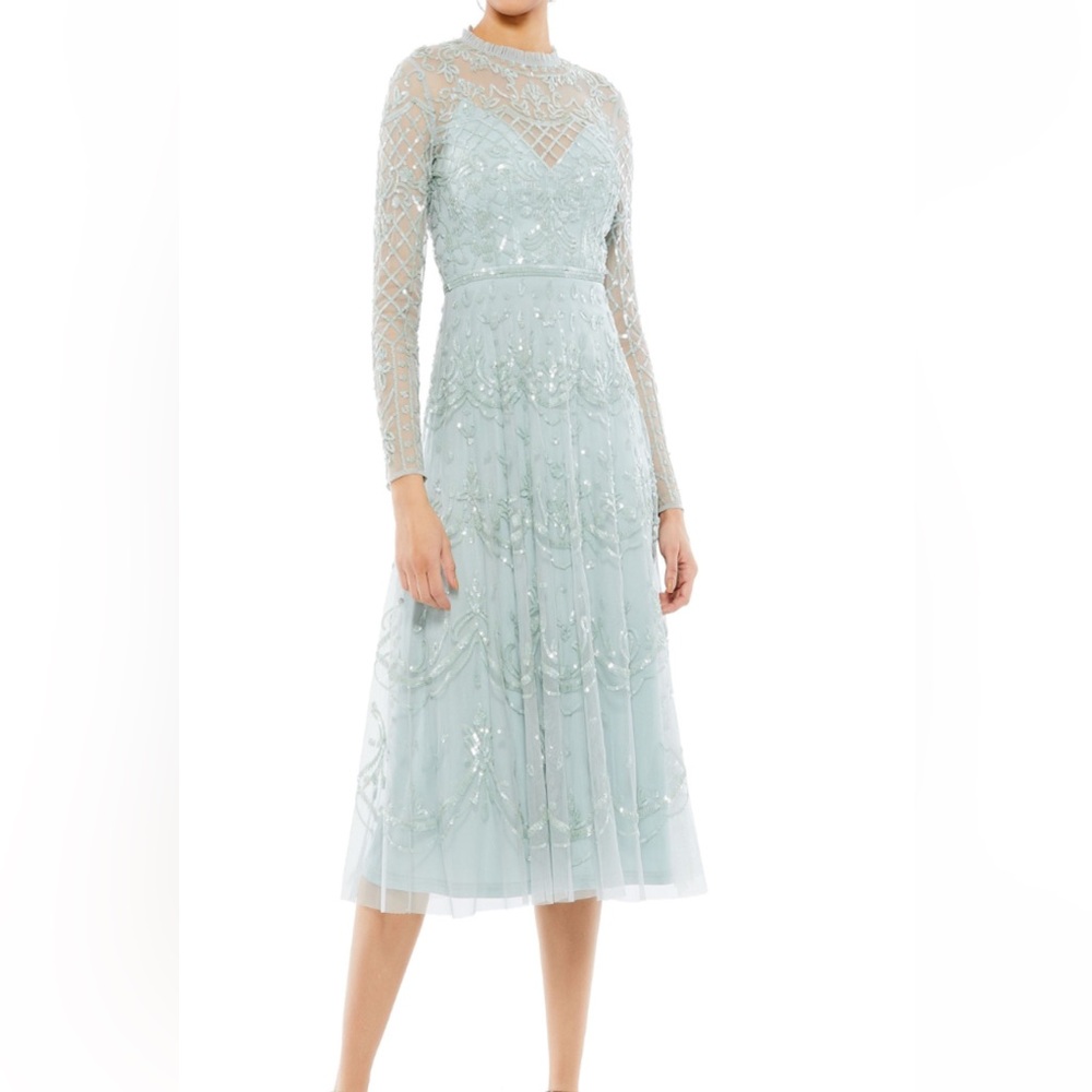 NWT Mac Duggal Seafoam Sequin Illusion High Neck Midi with Embellishment 9142